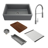 BOCCHI Arona 33" Granite Workstation Farmhouse Sink Kit with Faucet and Accessories, Concrete Gray (sink) / Chrome (faucet), 1600-506-2020CH