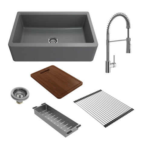 BOCCHI Arona 33" Granite Workstation Farmhouse Sink Kit with Faucet and Accessories, Concrete Gray (sink) / Chrome (faucet), 1600-506-2020CH