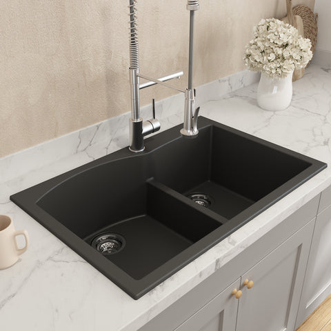 BOCCHI Campino Duo 33" Dual Mount Composite Granite Kitchen Sink, 60/40 Double Bowl, Matte Black, 1602-504-0126