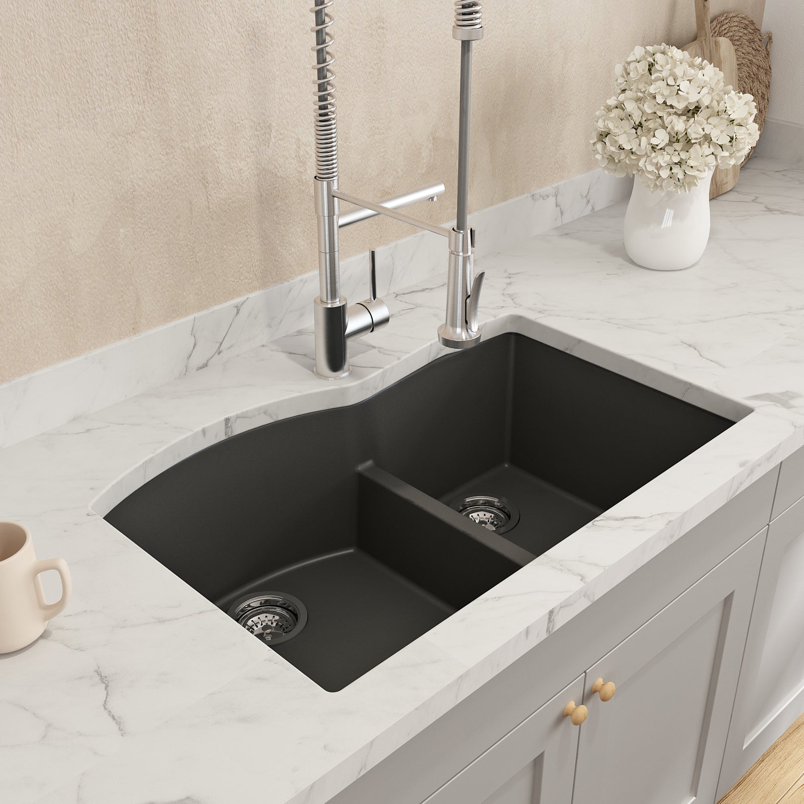 BOCCHI Campino Duo 33" Dual Mount Composite Granite Kitchen Sink, 60/40 Double Bowl, Matte Black, 1602-504-0126