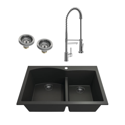 BOCCHI Campino Duo 33" Dual Mount Granite Kitchen Sink Kit with Faucet and Accessories, 60/40 Double Bowl, Matte Black (sink) / Chrome (faucet), 1602-504-2019CH