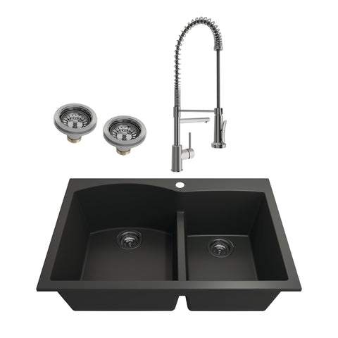 BOCCHI Campino Duo 33" Matte Black Dual Mount Granite Kitchen Sink Kit with Stainless Steel Faucet and Accessories, 60/40 Double Bowl, 1602-504-2019SS