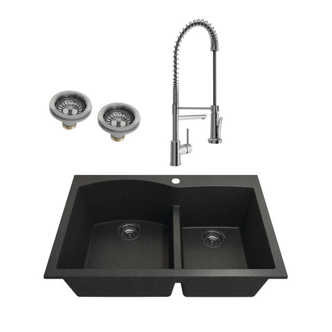 BOCCHI Campino Duo 33" Metallic Black Dual Mount Granite Kitchen Sink Kit with Chrome Faucet, 60/40 Double Bowl, 1602-505-2019CH