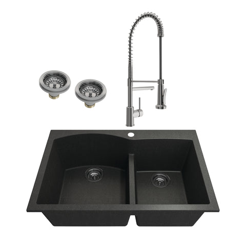 BOCCHI Campino Duo 33" Dual Mount Granite Kitchen Sink Kit with Faucet and Accessories, 60/40 Double Bowl, Metallic Black (sink) / Stainless Steel (faucet), 1602-505-2019SS