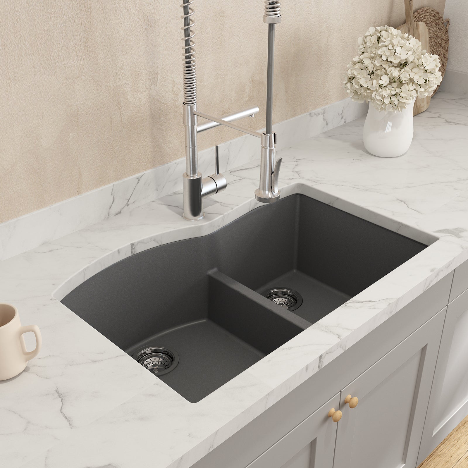 BOCCHI Campino Duo 33" Dual Mount Composite Granite Kitchen Sink, 60/40 Double Bowl, Concrete Gray, 1602-506-0126