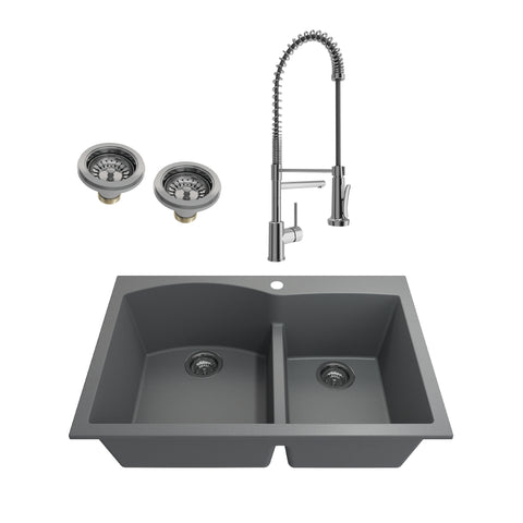 BOCCHI Campino Duo 33" Concrete Gray Dual Mount Granite Kitchen Sink Kit with Chrome Faucet and Accessories, 60/40 Double Bowl, 1602-506-2019CH