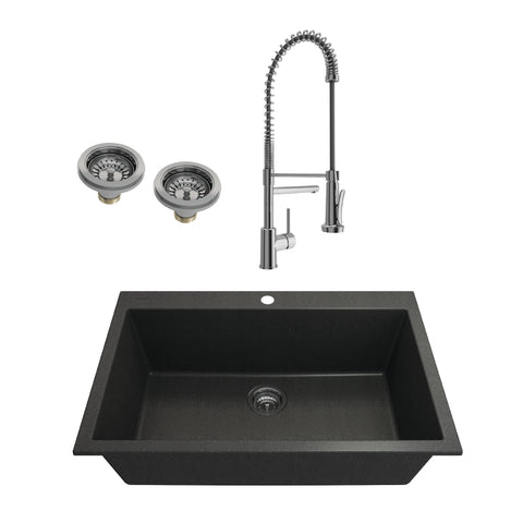 BOCCHI Campino Uno 33" Dual Mount Granite Kitchen Sink Kit with Faucet and Accessories, Metallic Black (sink) / Chrome (faucet), 1604-505-2019CH