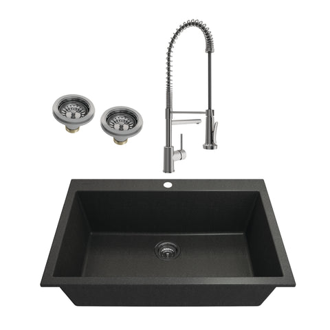 BOCCHI Campino Uno 33" Metallic Black Dual Mount Granite Kitchen Sink Kit with Stainless Steel Faucet and Accessories, 1604-505-2019SS