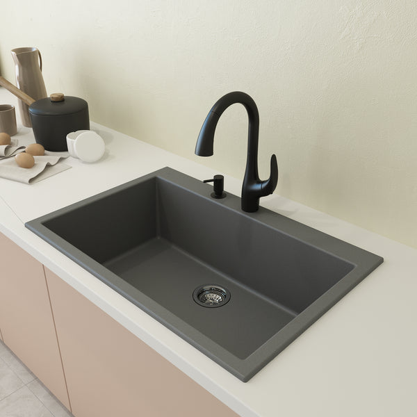 BOCCHI Campino Uno 33" Dual Mount Composite Granite Kitchen Sink, Concrete Gray, 1604-506-0126