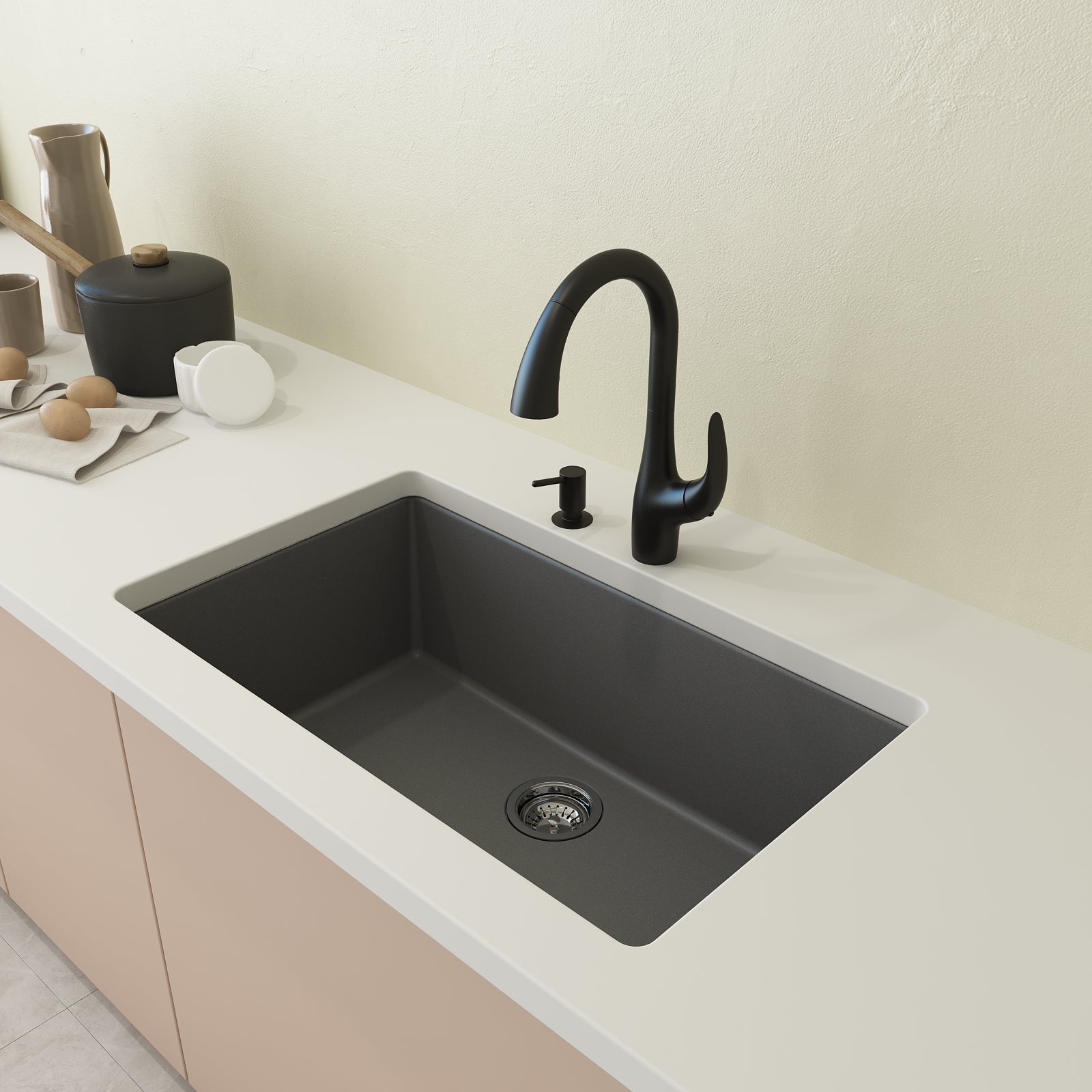 BOCCHI Campino Uno 33" Dual Mount Composite Granite Kitchen Sink, Concrete Gray, 1604-506-0126