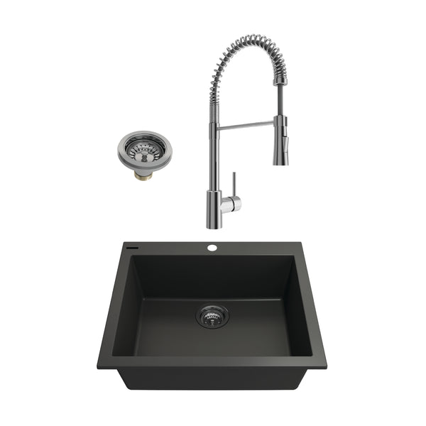 BOCCHI Campino Uno 24" Dual Mount Granite Kitchen Sink Kit with Faucet and Accessories, Matte Black (sink) / Chrome (faucet), 1606-504-2020CH