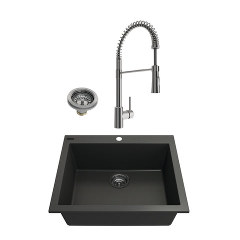 BOCCHI Campino Uno 24" Dual Mount Granite Kitchen Sink Kit with Faucet and Accessories, Matte Black (sink) / Stainless Steel (faucet), 1606-504-2020SS