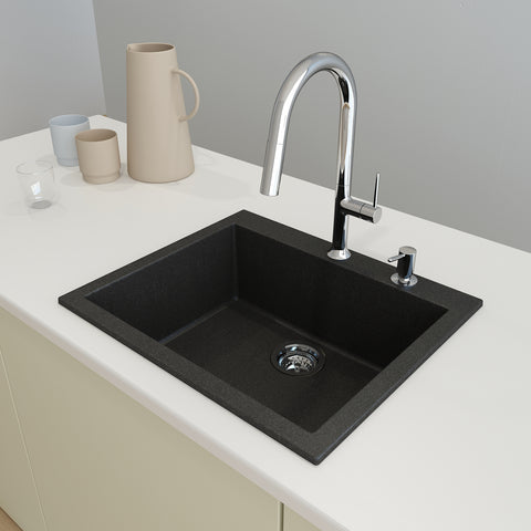 BOCCHI Campino Uno 24" Dual Mount Composite Granite Kitchen Sink, Metallic Black, 1606-505-0126
