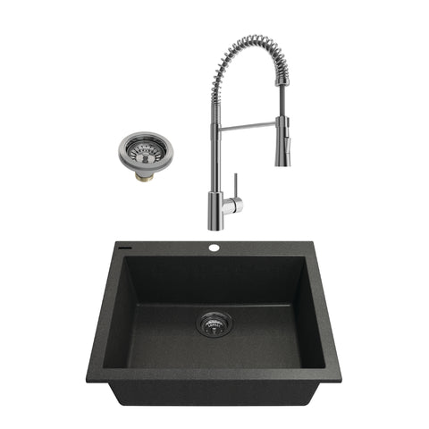 BOCCHI Campino Uno 24" Dual Mount Granite Kitchen Sink Kit with Faucet and Accessories, Metallic Black (sink) / Chrome (faucet), 1606-505-2020CH