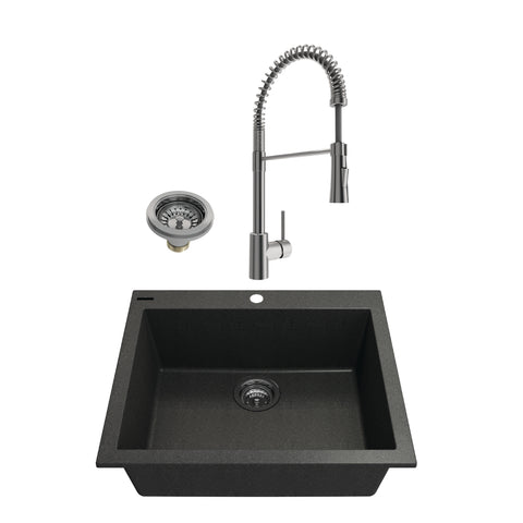 BOCCHI Campino Uno 24" Dual Mount Granite Kitchen Sink Kit with Faucet and Accessories, Metallic Black (sink) / Stainless Steel (faucet), 1606-505-2020SS