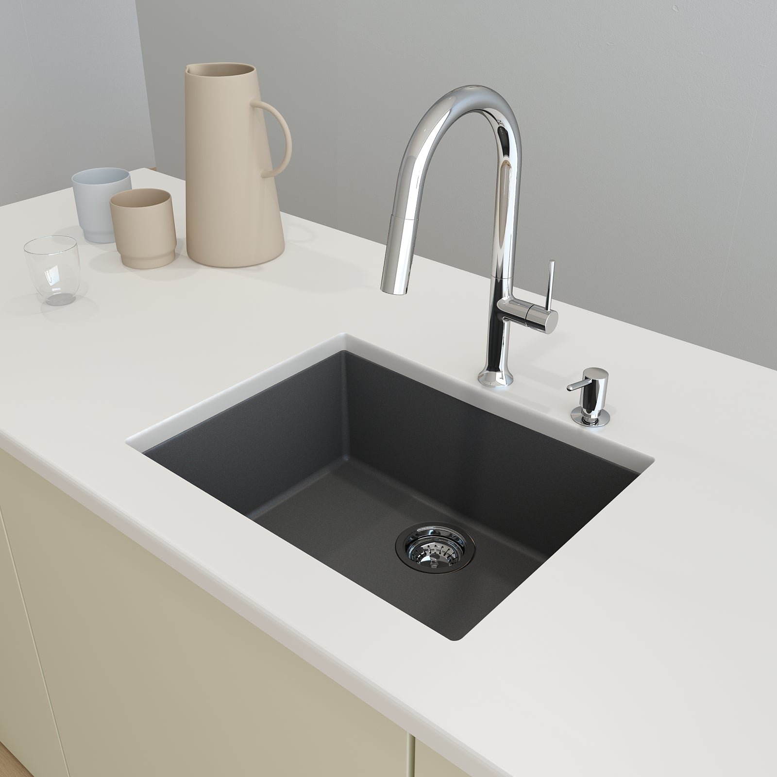 BOCCHI Campino Uno 24" Dual Mount Composite Granite Kitchen Sink, Concrete Gray, 1606-506-0126