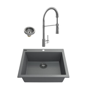 Alternate Image for BOCCHI Campino Uno 24" Dual Mount Granite Kitchen Sink Kit with Faucet and Accessories, Concrete Gray (sink) / Chrome (faucet) , 1606-506-2020CH