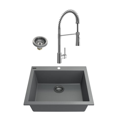 BOCCHI Campino Uno 24" Dual Mount Granite Kitchen Sink Kit with Faucet and Accessories, Concrete Gray (sink) / Chrome (faucet) , 1606-506-2020CH