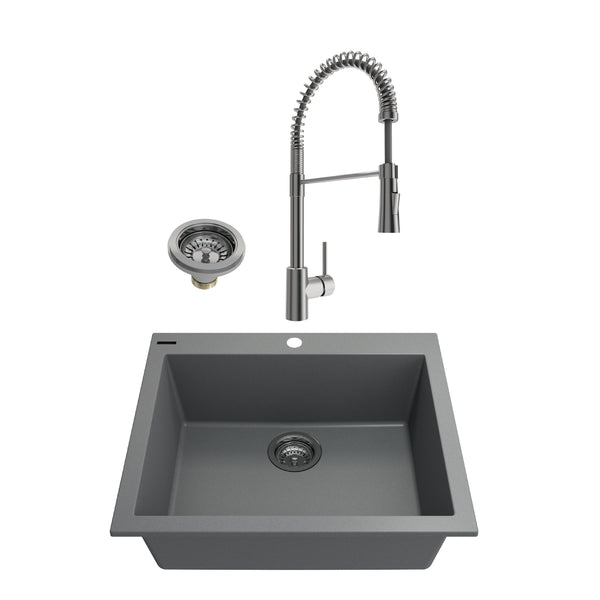 BOCCHI Campino Uno 24" Concrete Gray Dual Mount Granite Kitchen Sink Kit with Stainless Steel Faucet and Accessories, 1606-506-2020SS