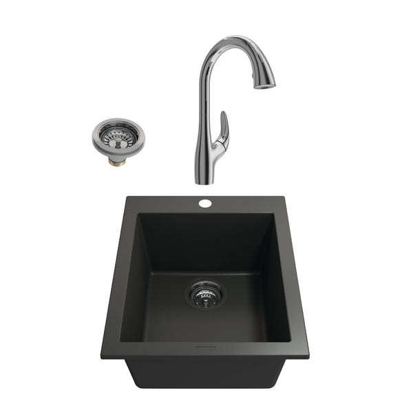 BOCCHI Campino Uno 16" Rectangle Granite Bar/Prep Sink Kit with Faucet and Accessories, Matte Black (sink) / Chrome (faucet), 1608-504-2024CH