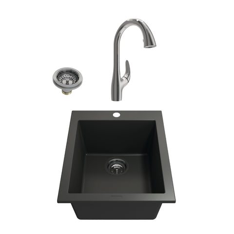 BOCCHI Campino Uno 16" Rectangle Granite Bar/Prep Sink Kit with Faucet and Accessories, Matte Black (sink) / Stainless Steel (faucet), 1608-504-2024SS