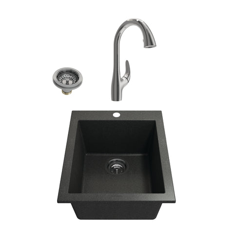 BOCCHI Campino Uno 16" Metallic Black Rectangle Granite Bar/Prep Sink Kit with Stainless Steel Faucet and Accessories, 1608-505-2024SS