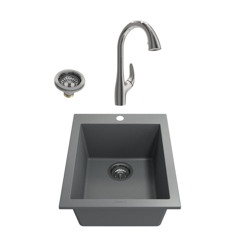 BOCCHI Campino Uno 16" Concrete Gray Rectangle Granite Bar/Prep Sink Kit with Stainless Steel Faucet and Accessories, 1608-506-2024SS