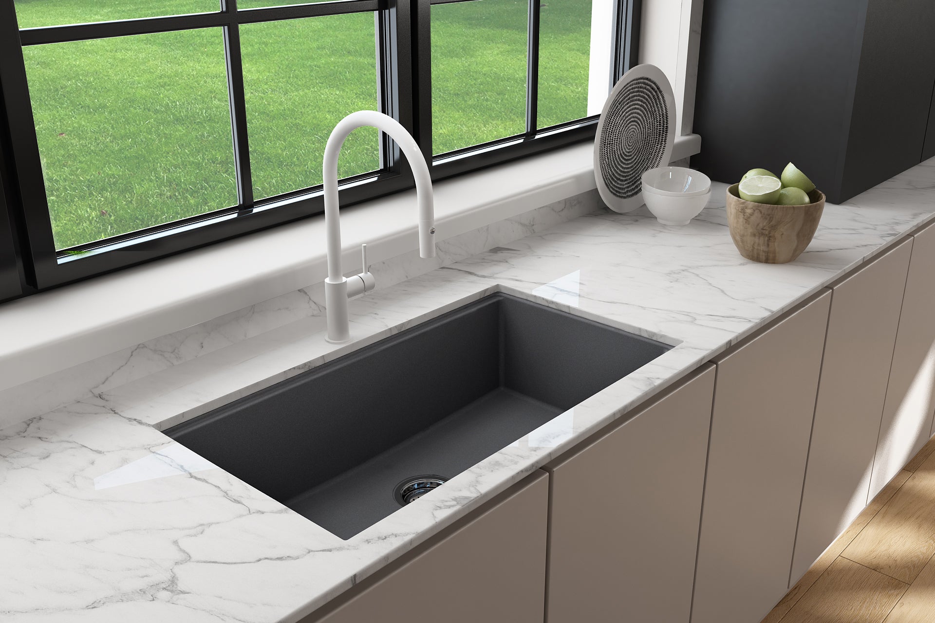 BOCCHI Baveno Lux 33" Dual Mount Granite Workstation Kitchen Sink Kit with Accessories, Concrete Gray, 1616-506-0126