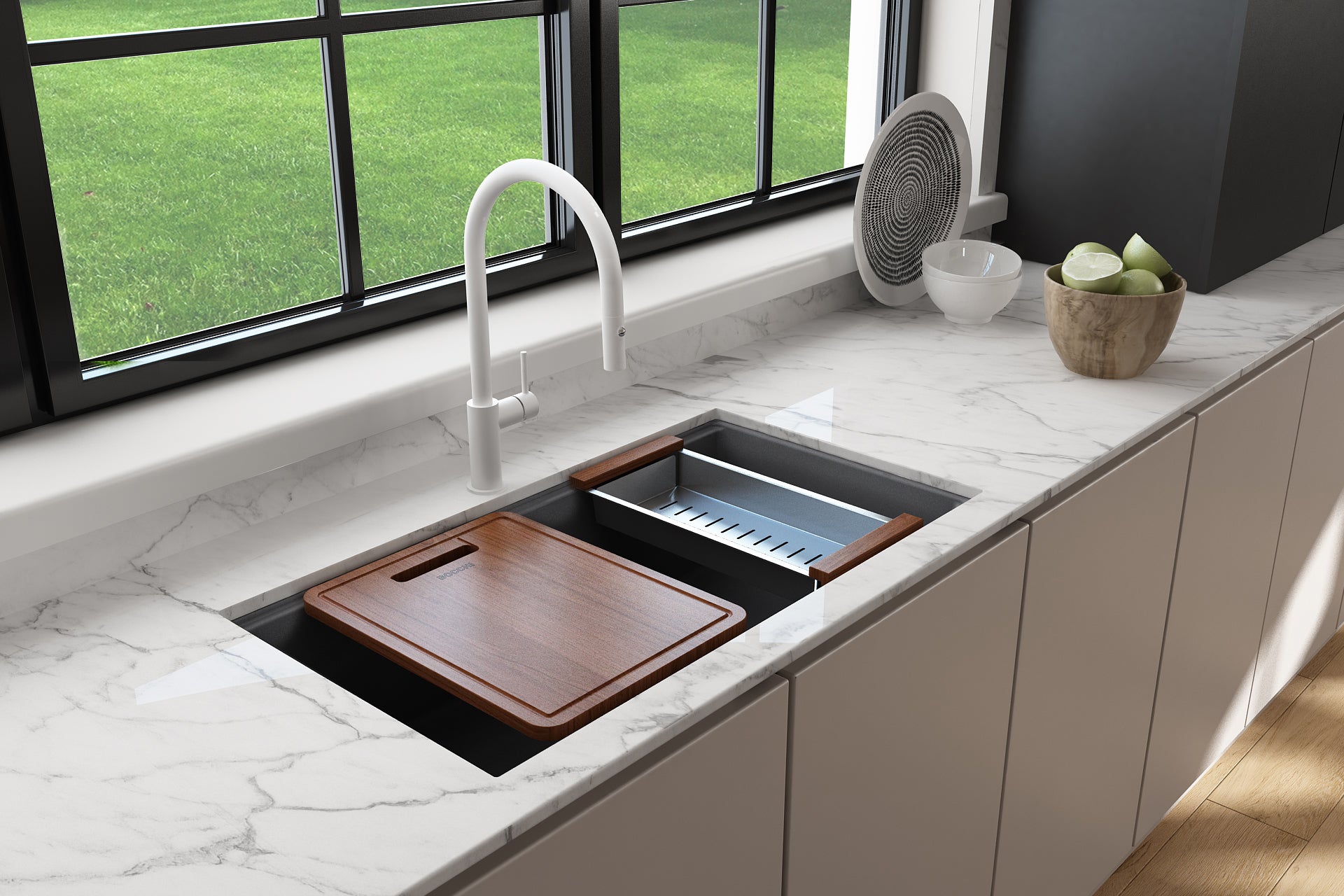 BOCCHI Baveno Lux 33" Dual Mount Granite Workstation Kitchen Sink Kit with Accessories, Concrete Gray, 1616-506-0126