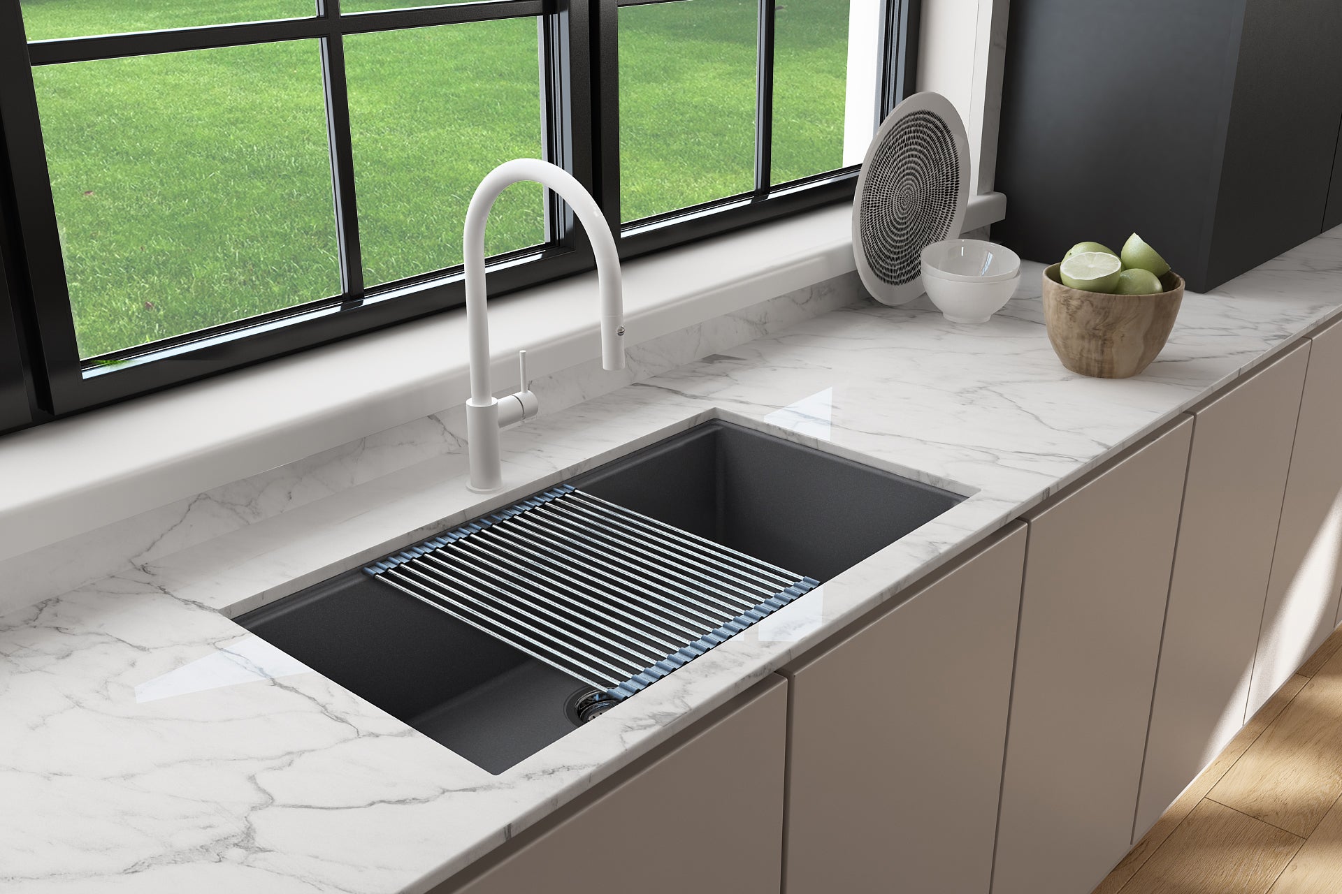 BOCCHI Baveno Lux 33" Dual Mount Granite Workstation Kitchen Sink Kit with Accessories, Concrete Gray, 1616-506-0126