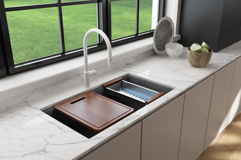 BOCCHI Baveno Lux 33" Dual Mount Granite Workstation Kitchen Sink Kit with Accessories, Concrete Gray, 1616-506-0126HP