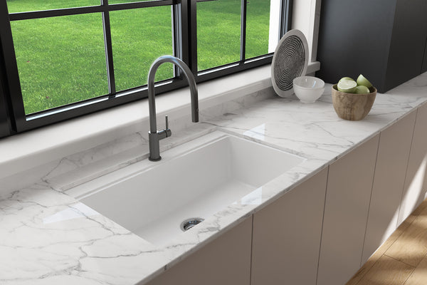 BOCCHI Baveno Lux 34" Dual Mount Granite Workstation Kitchen Sink Kit with Accessories, Milk White, 1616-507-0126
