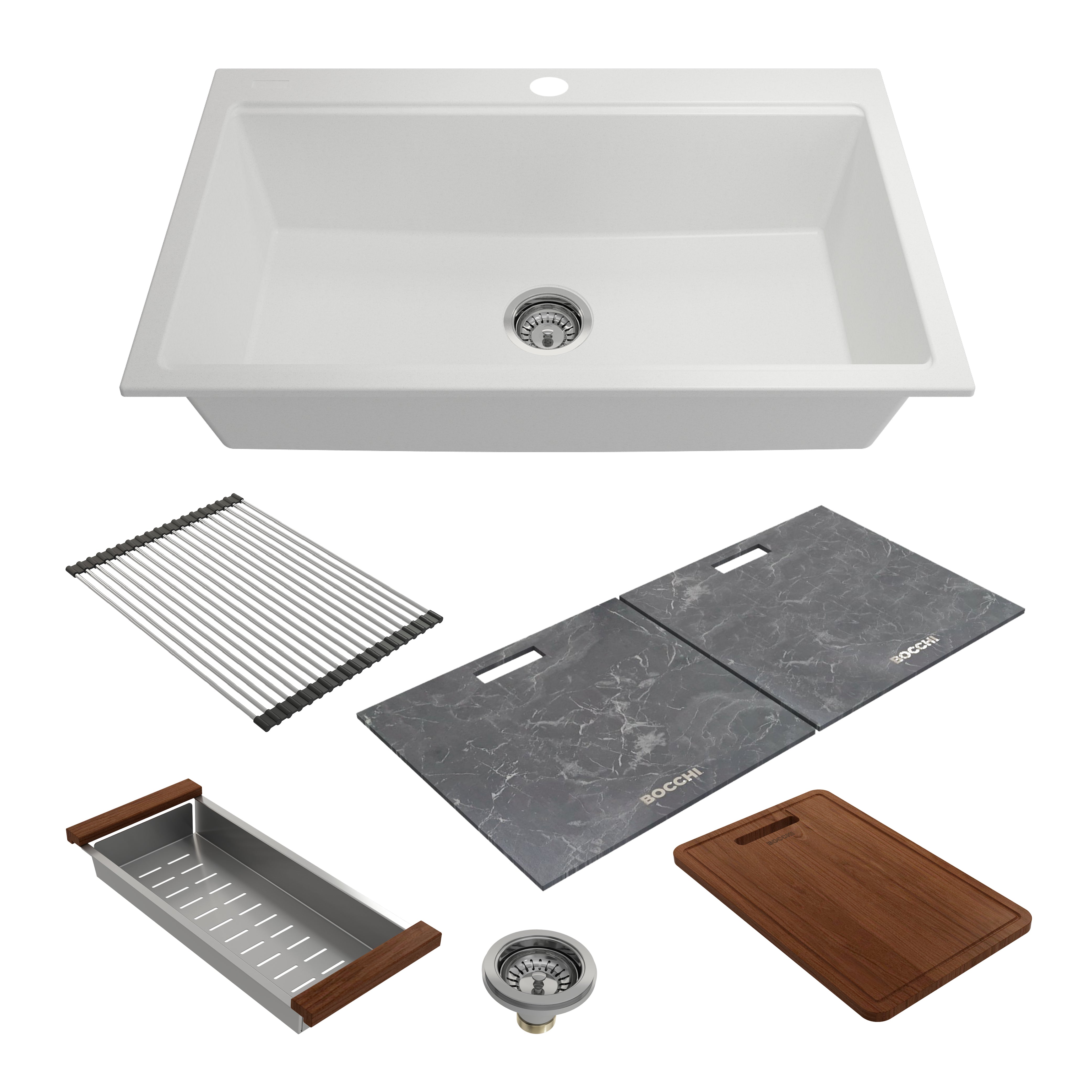 BOCCHI Baveno Lux 34" Dual Mount Granite Workstation Kitchen Sink Kit with Accessories, Milk White, 1616-507-0126HP