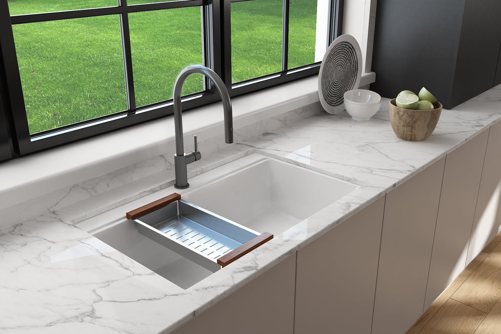 BOCCHI Baveno Lux 34" Dual Mount Granite Workstation Kitchen Sink Kit with Accessories, Milk White, 1616-507-0126