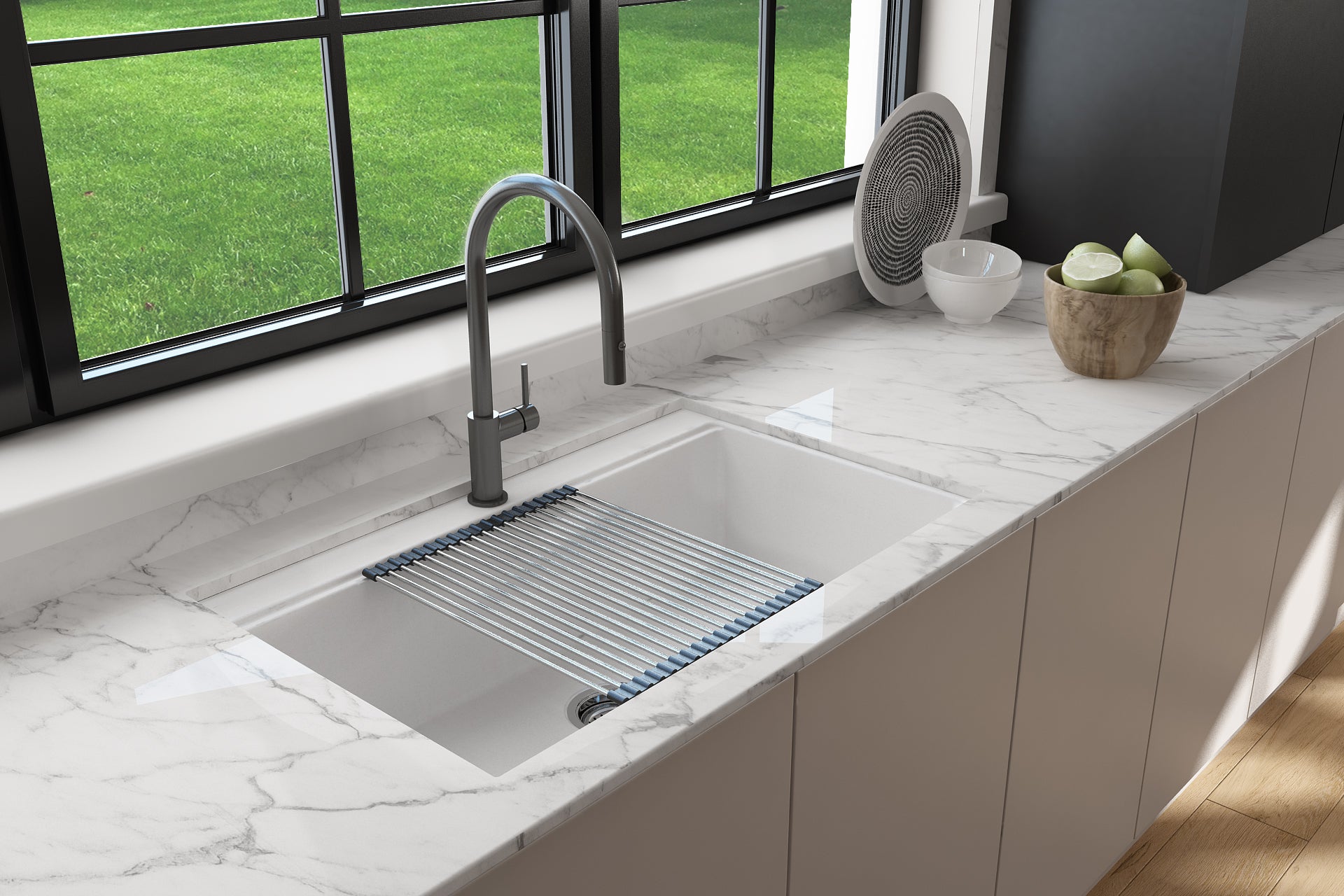 BOCCHI Baveno Lux 34" Dual Mount Granite Workstation Kitchen Sink Kit with Accessories, Milk White, 1616-507-0126