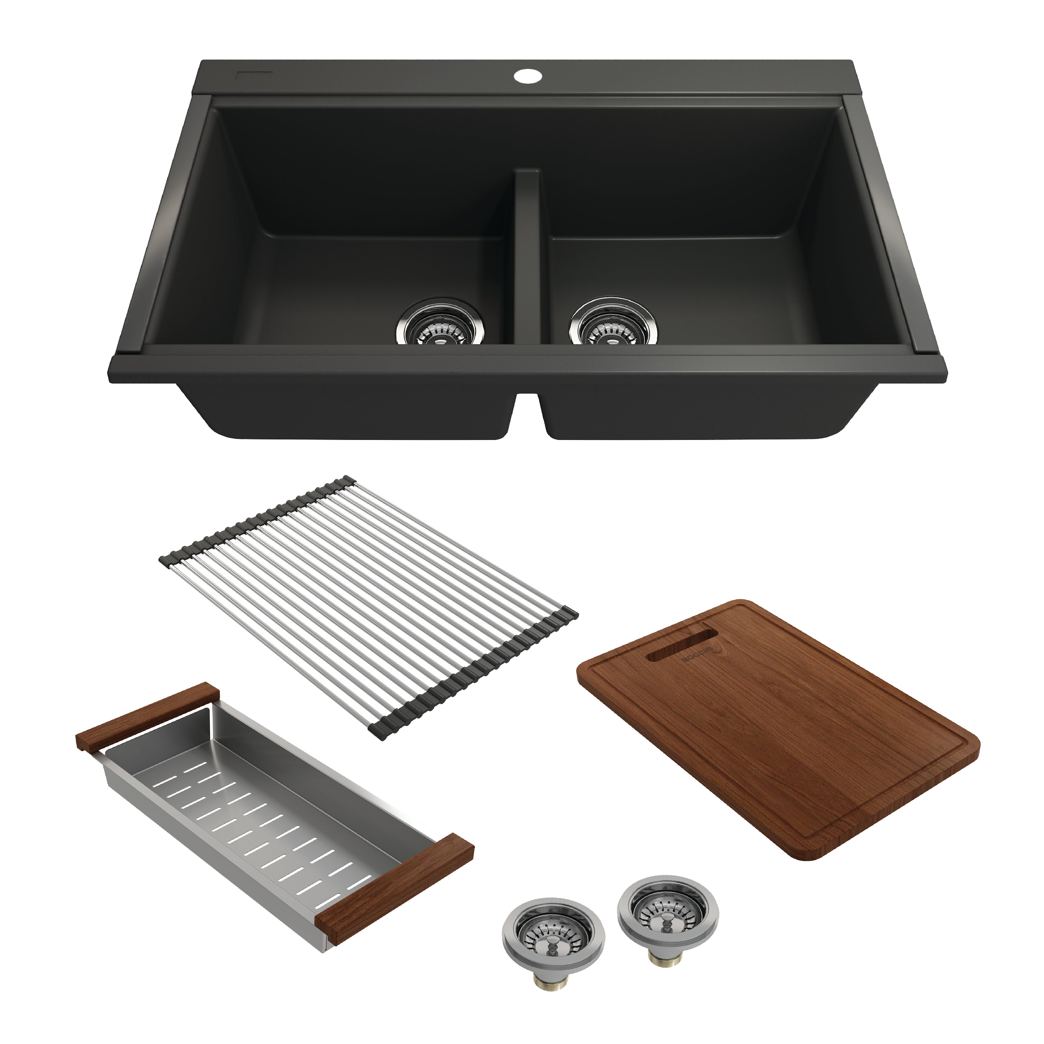 BOCCHI Baveno Lux 34" Undermount Granite Workstation Kitchen Sink Kit with Accessories, 50/50 Double Bowl, Matte Black, 1618-504-0126