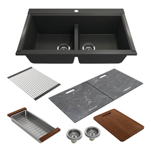 Alternate Image for BOCCHI Baveno Lux 34" Undermount Granite Workstation Kitchen Sink Kit with Accessories, 50/50 Double Bowl, Matte Black, 1618-504-0126HP