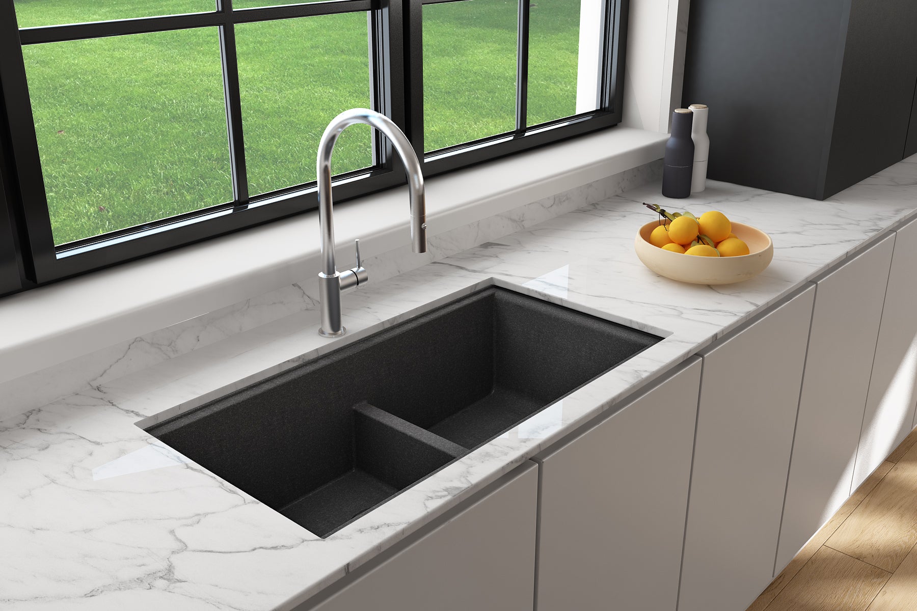 BOCCHI Baveno Lux 34" Undermount Granite Workstation Kitchen Sink Kit with Accessories, 50/50 Double Bowl, Metallic Black, 1618-505-0126