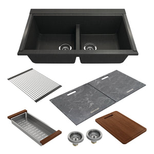 Alternate Image for BOCCHI Baveno Lux 34" Undermount Granite Workstation Kitchen Sink Kit with Accessories, 50/50 Double Bowl, Metallic Black, 1618-505-0126HP