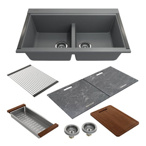 Alternate Image for BOCCHI Baveno Lux 34" Undermount Granite Workstation Kitchen Sink Kit with Accessories, 50/50 Double Bowl, Concrete Gray, 1618-506-0126HP