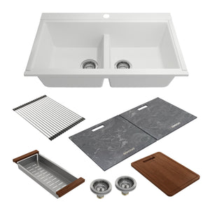 Alternate Image for BOCCHI Baveno Lux 34" Undermount Granite Workstation Kitchen Sink Kit with Accessories, 50/50 Double Bowl, Milk White, 1618-507-0126HP