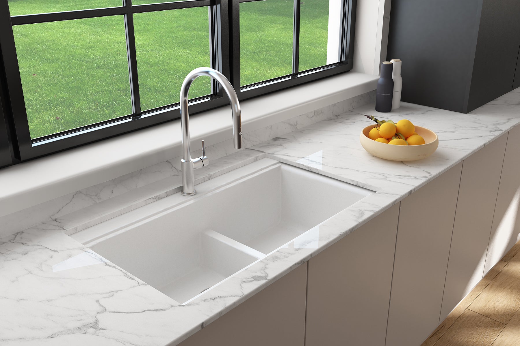 BOCCHI Baveno Lux 34" Undermount Granite Workstation Kitchen Sink Kit with Accessories, 50/50 Double Bowl, Milk White, 1618-507-0126