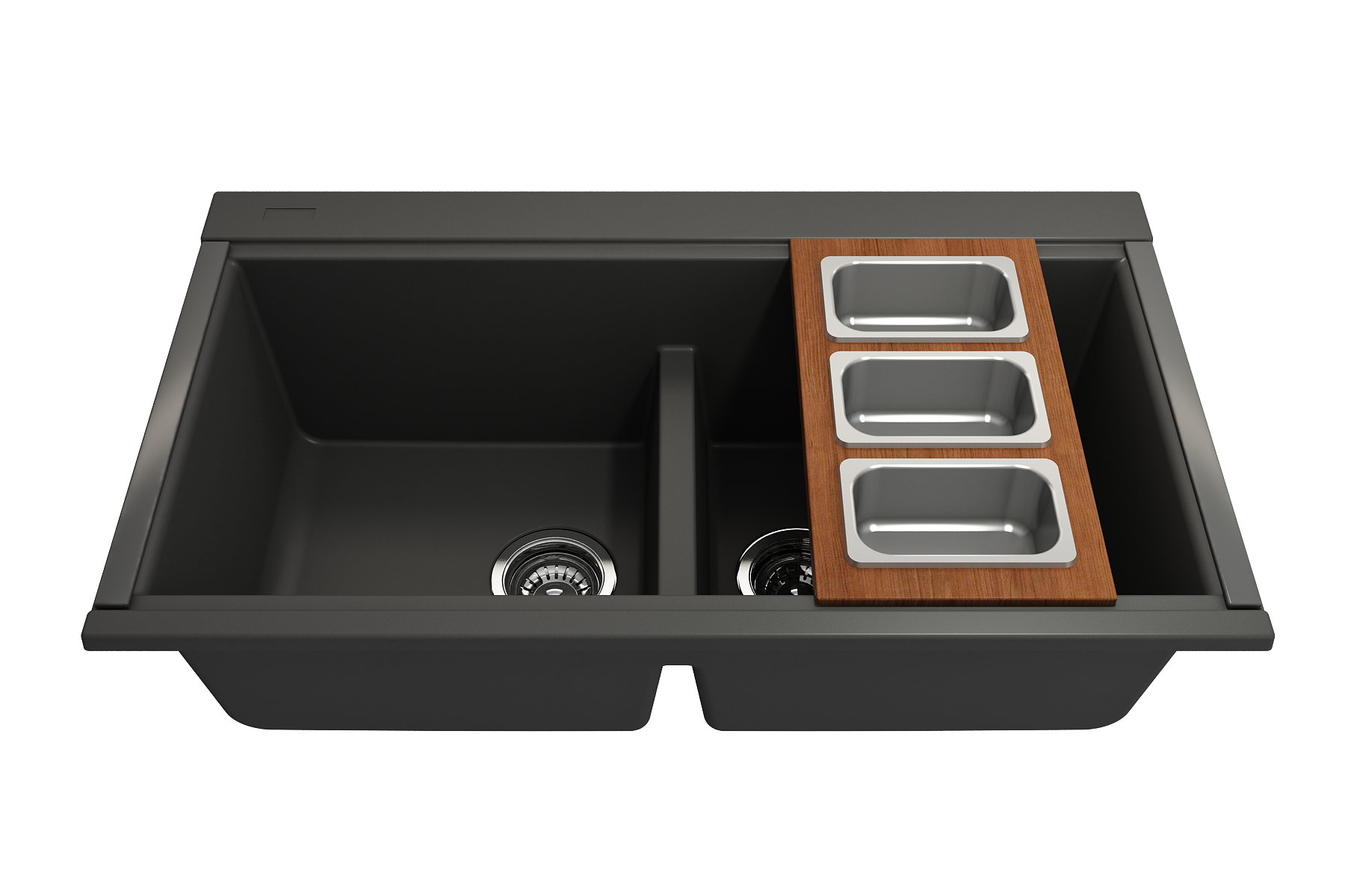 BOCCHI Wood Board with 3 Rectangular Stainless Steel Bowls F/1616, 1618, 1633 (inner ledge), 2320 0012