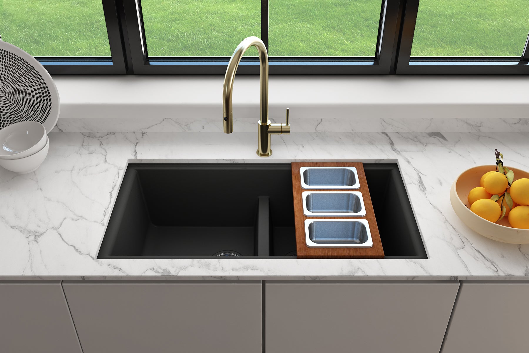 BOCCHI Wood Board with 3 Rectangular Stainless Steel Bowls F/1616, 1618, 1633 (inner ledge), 2320 0012