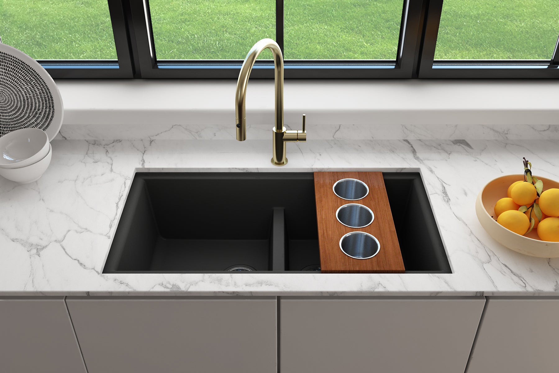 Alternate Image for BOCCHI Wood Board with 3 Round Stainless Steel Bowls F/1616, 1618, 1633 (inner ledge), 2320 0010
