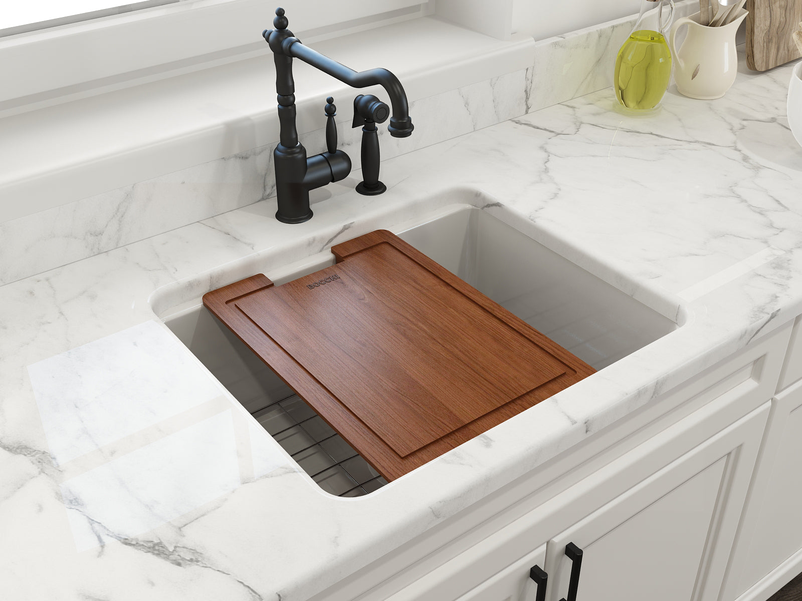 BOCCHI Sotto 24" Dual Mount Fireclay Kitchen Sink Kit with Accessories, White, 1627-001-0120