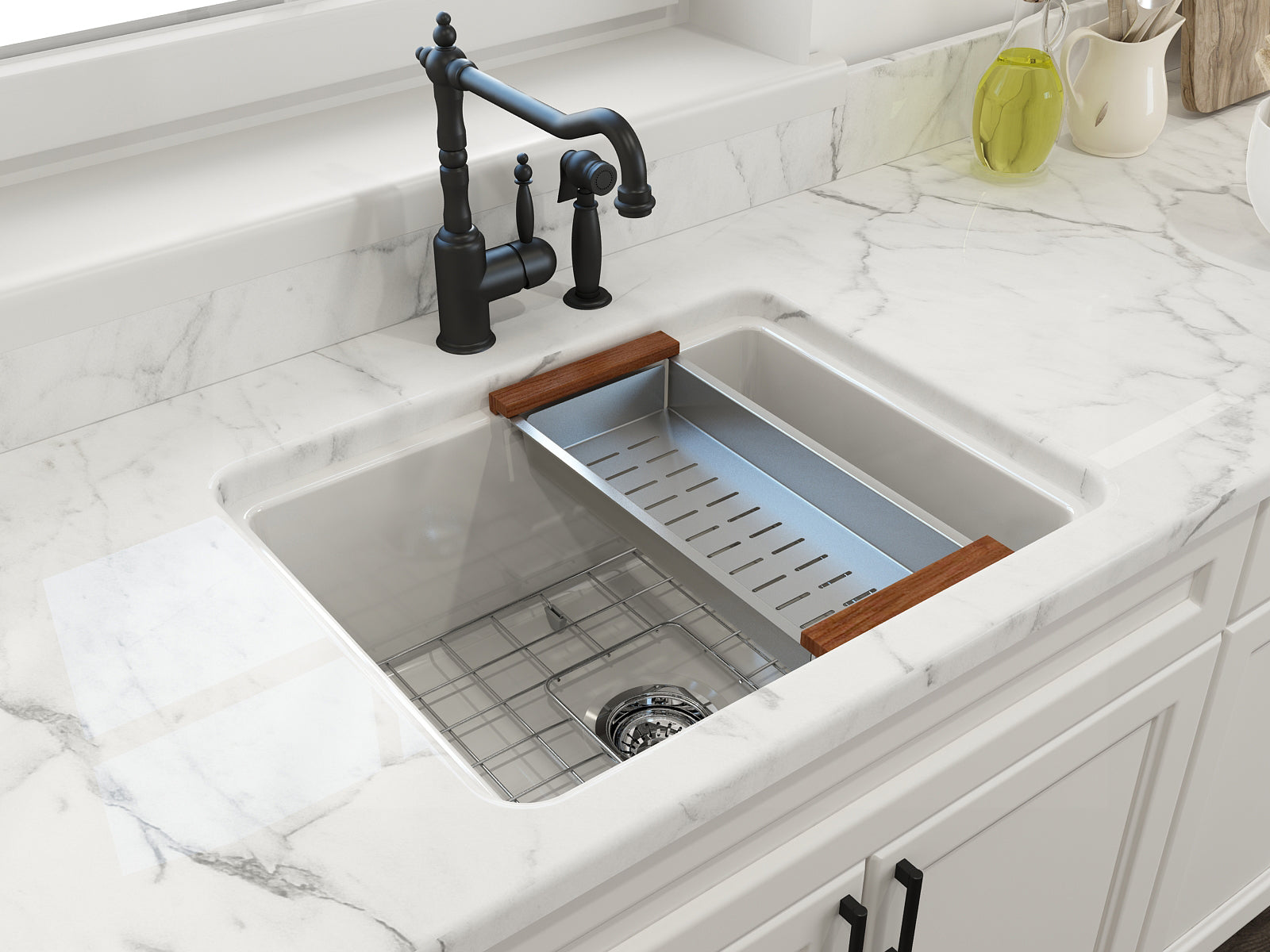 BOCCHI Sotto 24" Dual Mount Fireclay Kitchen Sink Kit with Accessories, White, 1627-001-0120