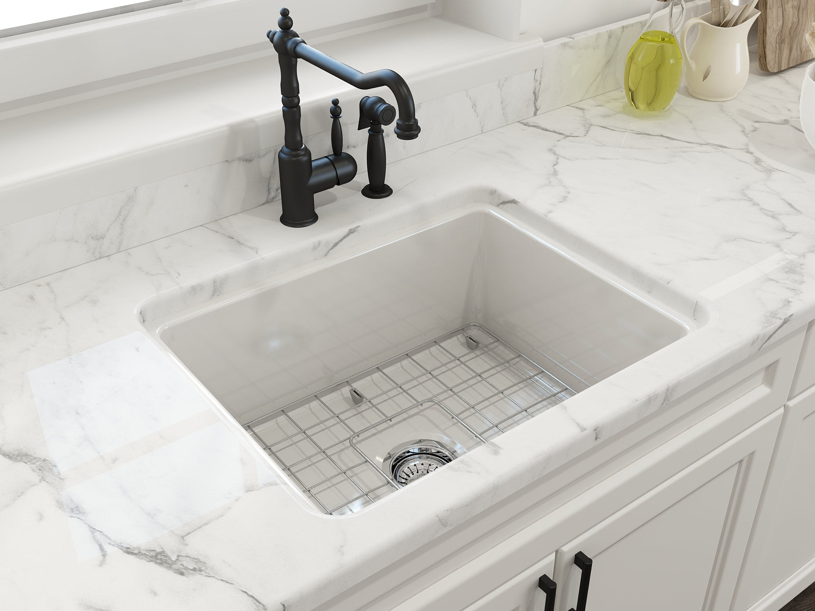 BOCCHI Sotto 24" Dual Mount Fireclay Kitchen Sink Kit with Accessories, White, 1627-001-0120
