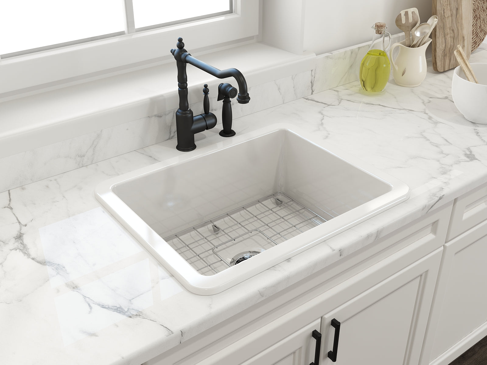 BOCCHI Sotto 24" Dual Mount Fireclay Kitchen Sink Kit with Accessories, White, 1627-001-0120