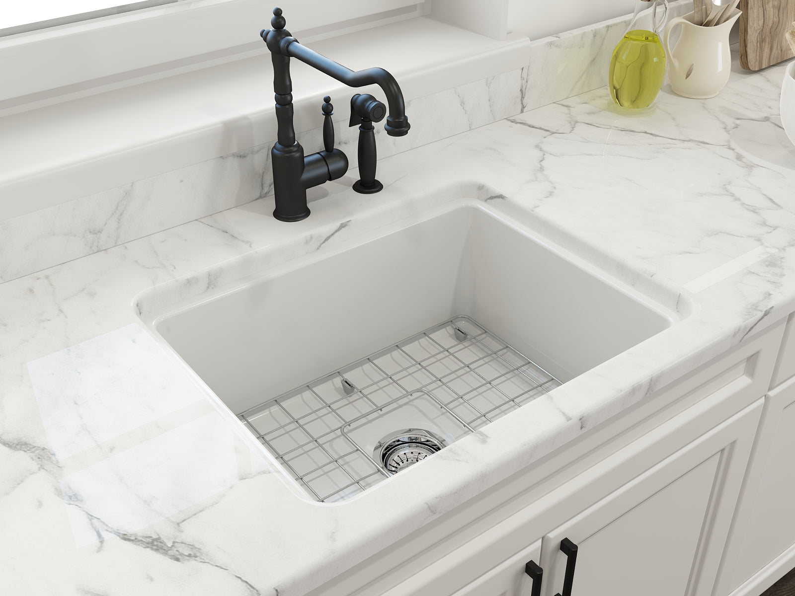 BOCCHI Sotto 24" Dual Mount Fireclay Kitchen Sink Kit with Accessories, Matte White, 1627-002-0120